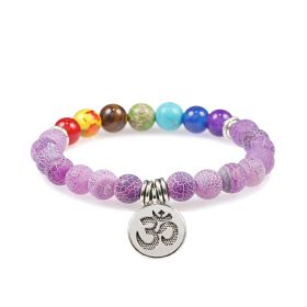 Colorful Beads Weathered Granite Crystal Bracelet Om Alloy Pendant Yoga Bracelet Wrist Ring (Color: Purple Weathering)