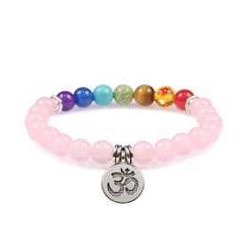 Colorful Beads Weathered Granite Crystal Bracelet Om Alloy Pendant Yoga Bracelet Wrist Ring (Color: Pink Crystal)