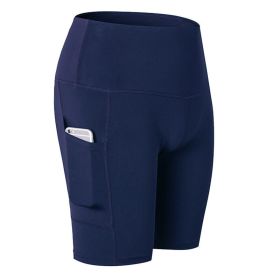 Women's Shorts Yoga Workout Running Compression Exercise Shorts Side Pockets (Color: Navy, size: L)