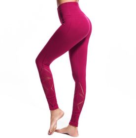 Leggings High Waist Hips Tight Stretch Openwork Quick Dry Fitness Yoga Pants Slim (Color: Red, size: M)