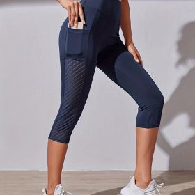 High Waist Yoga Capri Pants, Tummy Control Sports Legging Capri For Women With Out Pockets And Mesh Design (Color: Navy blue, size: L(8/10))