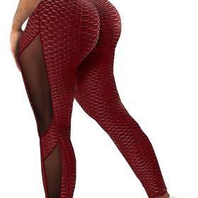 Honeycomb Mesh Contrast Leggings, Sporty Skinny High Waist Lifting Yoga Leggings, Women's Clothing (Color: Burgundy, size: M(6))