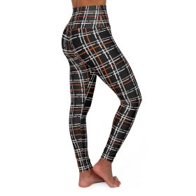 High Waisted Yoga Leggings, Black And Orange Tartan Style Pants (size: S)